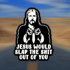 Jesus Will Slap You Vinyl Decal - Car, Truck, for JEEP, Window, Bumper, Wall, Refrigerator, Laptop Decal - Cartoon Religious Design - Self-Adhesive - Single Use - Irregular Shape - Semi-Matte Finish